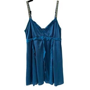 Free People Blue Teal Ruffle Fairy Babydoll Y2K Mini Dress Large Whimsy Festival